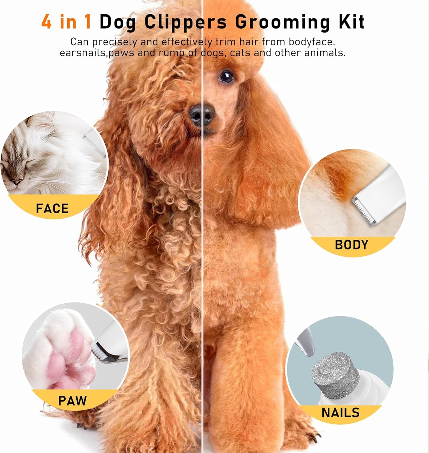 Dog Clippers for Grooming, 4 in 1 Dog Grooming Kit Hair Clipper with LCD Display, Dog Trimmer for Grooming, Dog Hair Trimmer for Paw Nail Grinder,Shaver Grooming Supplies for Pet Cats Dogs